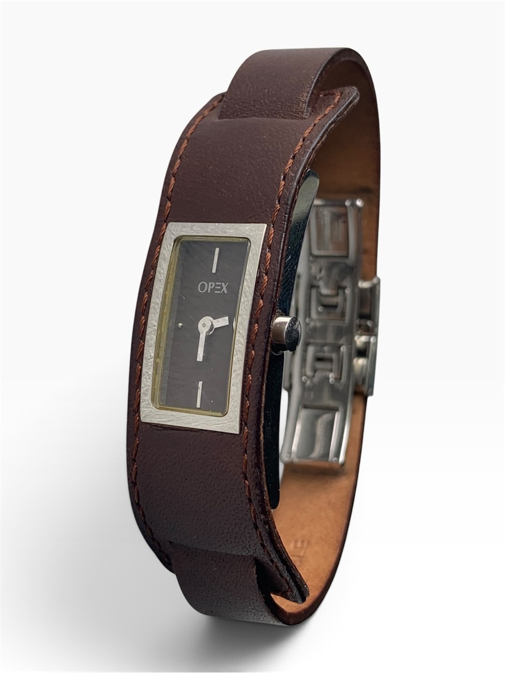 Women’s Opex Paris Rectangular Watch with brown leather bracelet, New Battery